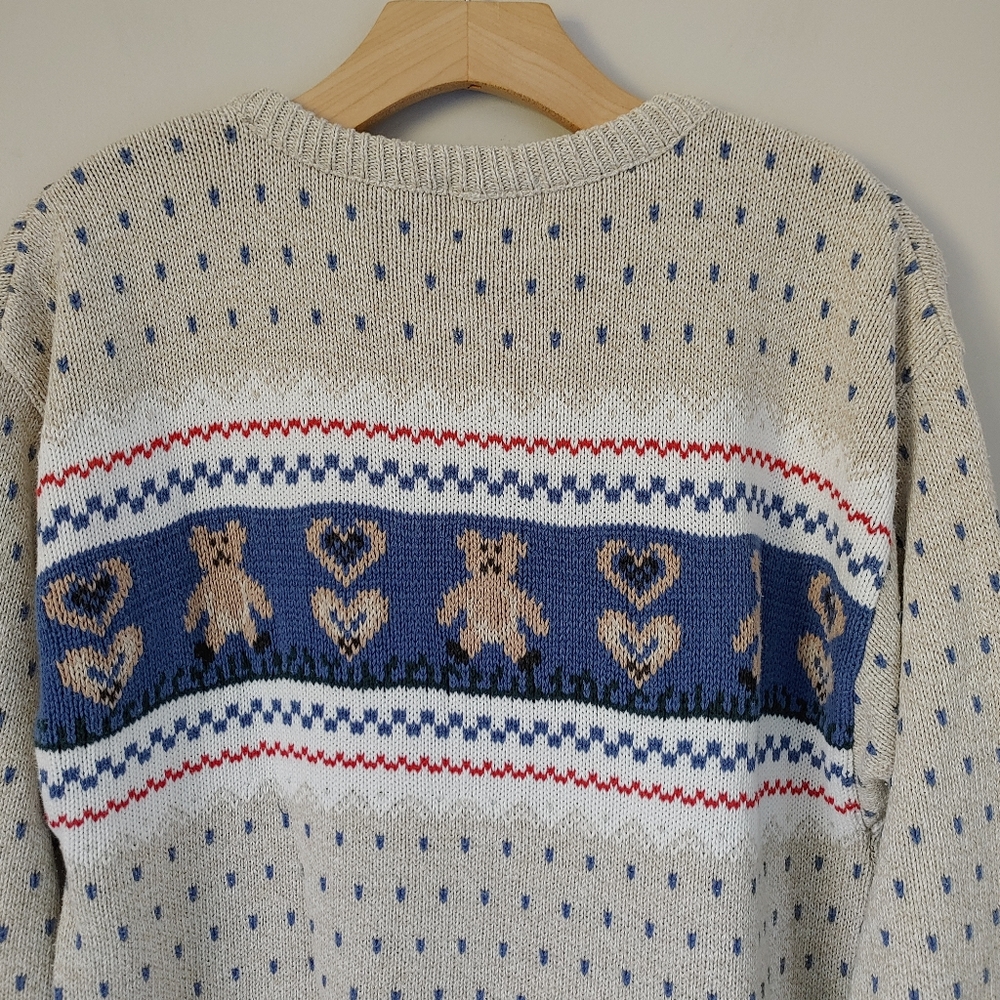 Vintage Cottage Cove Cardigan Knit Sweater Teddy Bear Hearts Size Medium Grandma - Picture 11 of 14